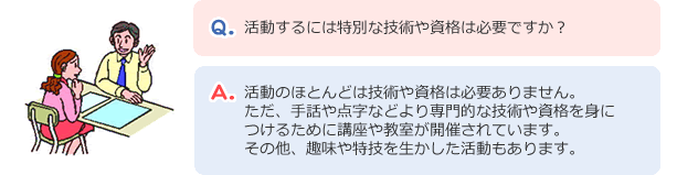 Q：活動するには特別な技術や資格はひつようですか？　A：活動のほとんどは技術的な資格は必要ありません。ただ、手話や点字などより専門的な技術や資格を身につけるために講座や教室が開催されています。その他、趣味や特技を生かした活動もあります。